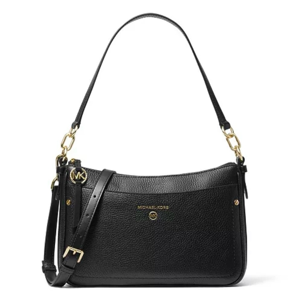 MICHAEL Michael Kors Black Leather Shoulder Bag with Gold Hardware
